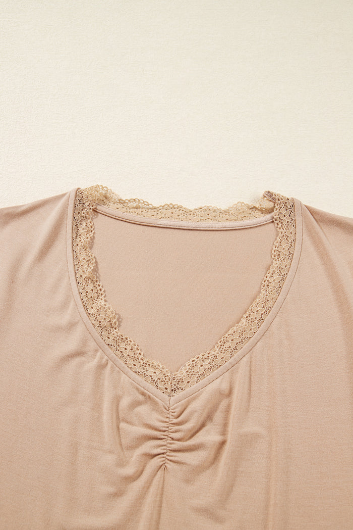 Smoke Gray Lace-trimmed Sweetheart Neckline Ruched Detail Long Sleeve T-shirt 🇺🇸