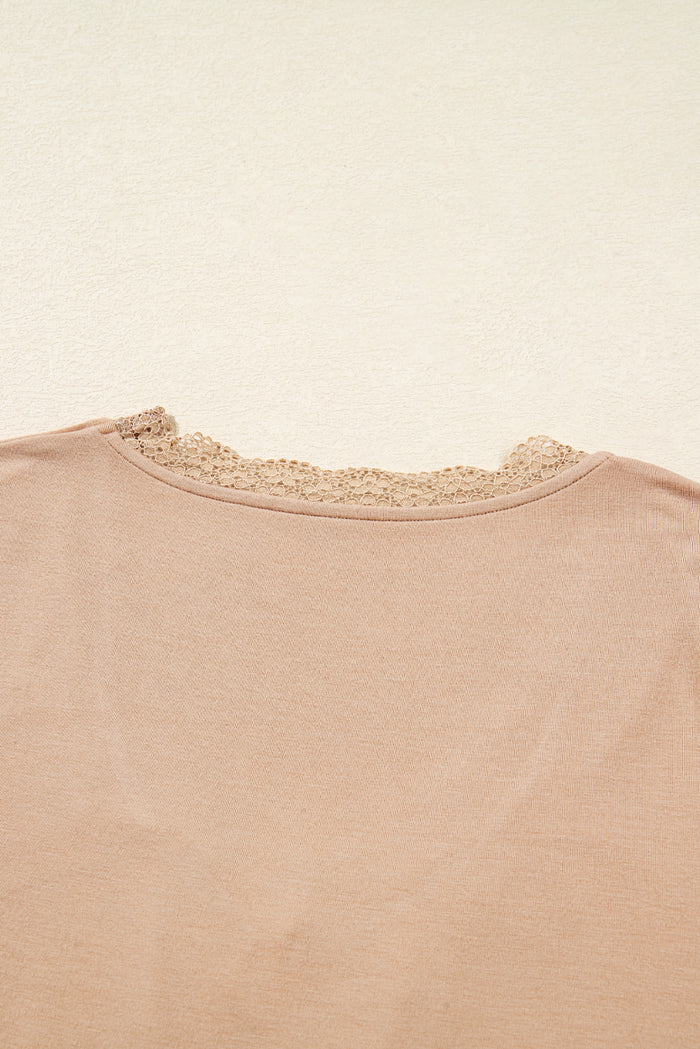 Smoke Gray Lace-trimmed Sweetheart Neckline Ruched Detail Long Sleeve T-shirt 🇺🇸