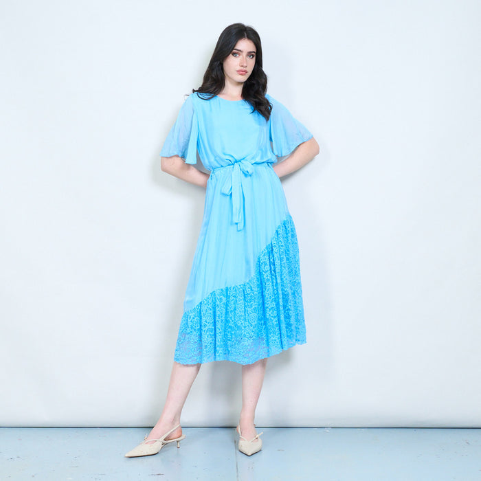Soft drape lace hem tie waist midi dress wholesale