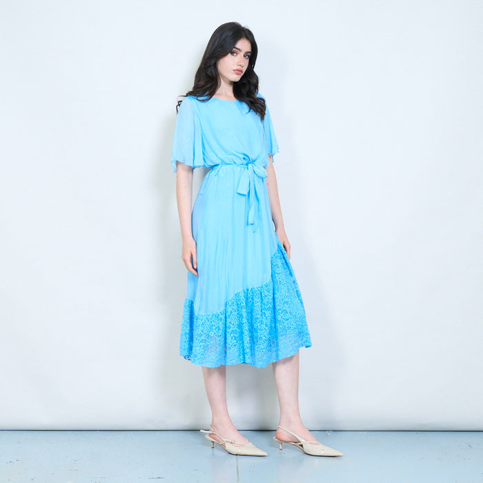 Soft drape lace hem tie waist midi dress wholesale