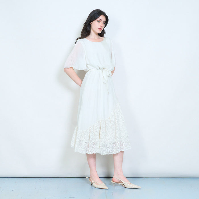 Soft drape lace hem tie waist midi dress wholesale