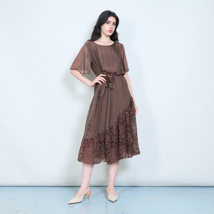 Soft drape lace hem tie waist midi dress wholesale