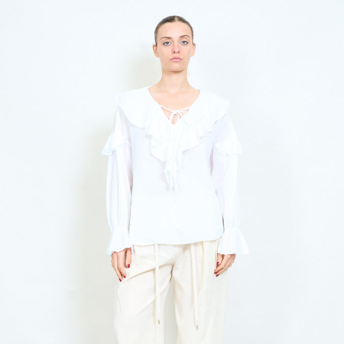 Soft drape ruffle collar long sleeve blouse wholesale