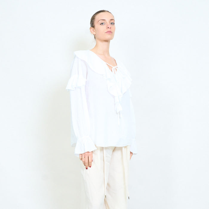 Soft drape ruffle collar long sleeve blouse wholesale