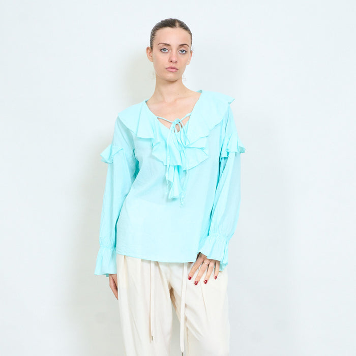 Soft drape ruffle collar long sleeve blouse wholesale