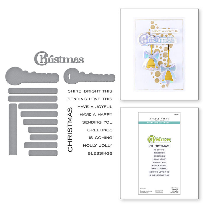 Spellbinders - Clear Stamp & Die Set - All About Christmas - Christmas Sentiments. Ten sentiment stamp and dies that work around the word, Christmas. Available at Embellish Away in Bowmanville Ontario Canada.