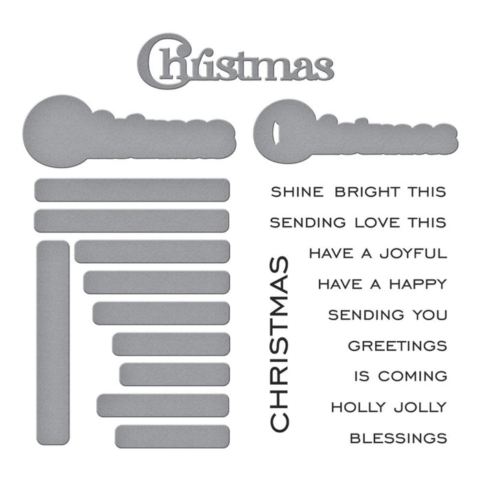 Spellbinders - Clear Stamp & Die Set - All About Christmas - Christmas Sentiments. Ten sentiment stamp and dies that work around the word, Christmas. Available at Embellish Away in Bowmanville Ontario Canada.