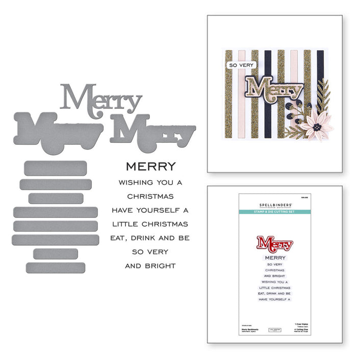 Spellbinders - Clear Stamp & Die Set - All About Christmas - Merry Sentiments. There are eight sentiment stamps that work around the word, Merry. Available at Embellish Away in Bowmanville Ontario Canada.