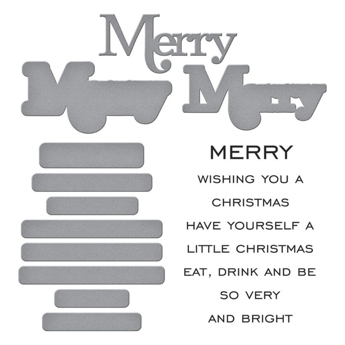 Spellbinders - Clear Stamp & Die Set - All About Christmas - Merry Sentiments. There are eight sentiment stamps that work around the word, Merry. Available at Embellish Away in Bowmanville Ontario Canada.