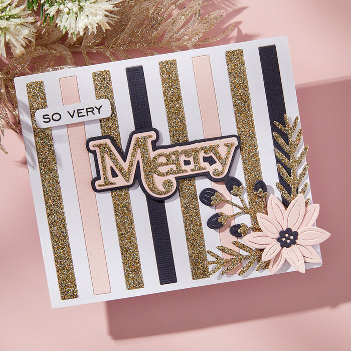 Spellbinders - Clear Stamp & Die Set - All About Christmas - Merry Sentiments. There are eight sentiment stamps that work around the word, Merry. Available at Embellish Away in Bowmanville Ontario Canada. Example by brand ambassador.
