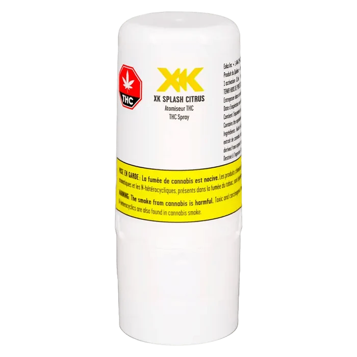 Front-facing studio shot of the white "Splash Citrus" canister showing the yellow warning band and small THC emblem.