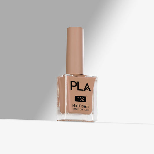 Beige nail polish bottle with 'PLA' branding on a gray background