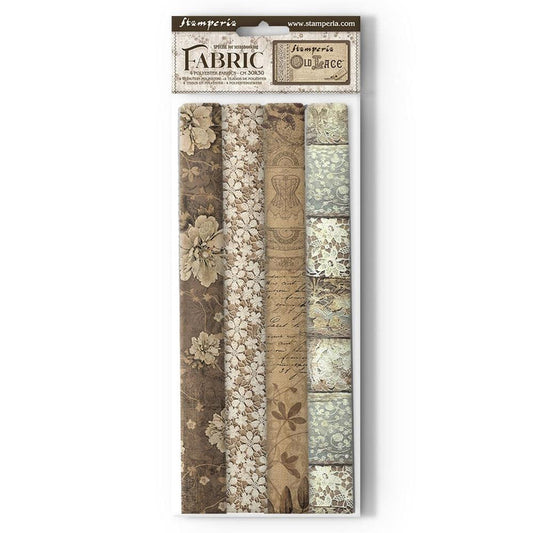 Stamperia - Polyester Fabric 12"X12" - 4/Pkg - Old Lace. Available at Embellish Away located in Bowmanville Ontario Canada.