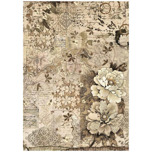 Stamperia - Rice Paper Sheet A4 - Old Lace Flower And Laces. Available at Embellish Away located in Bowmanville Ontario Canada.