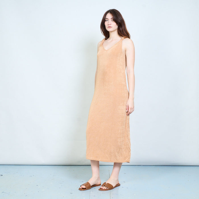 Stretchy sleeveless v neck maxi dress with ruched straps wholesale