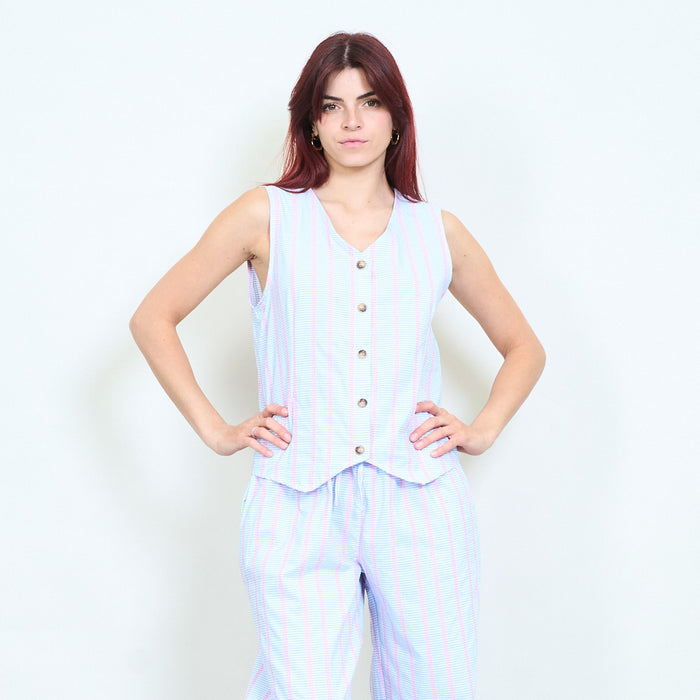 Striped sleeveless button down lightweight blouse wholesale