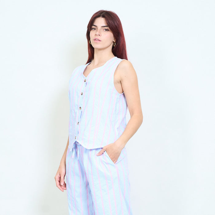 Striped sleeveless button down lightweight blouse wholesale