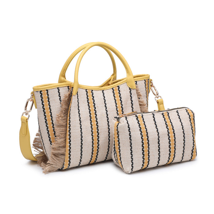 Striped woven fabric top handle tote bag with fringe detail wholesale