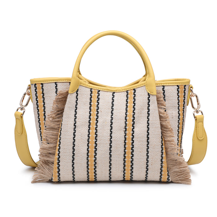 Striped woven fabric top handle tote bag with fringe detail wholesale
