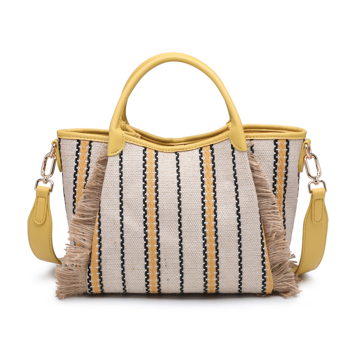Striped woven fabric top handle tote bag with fringe detail wholesale