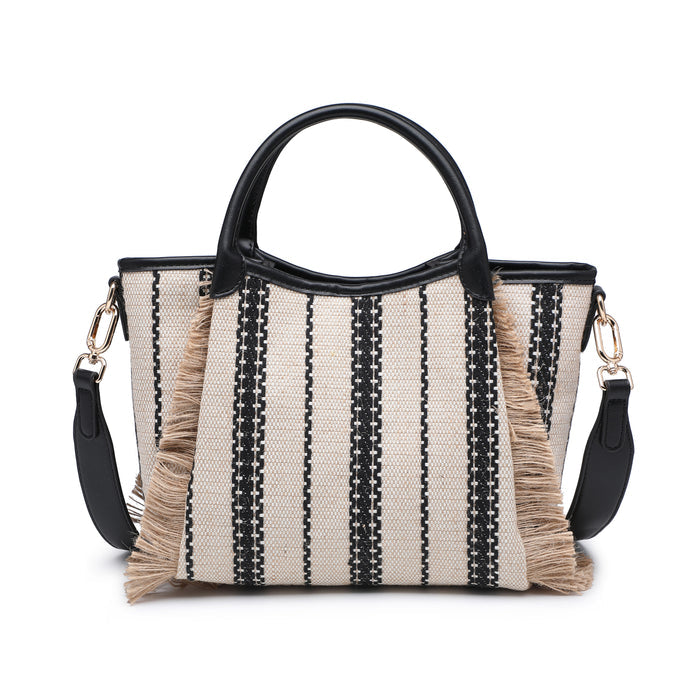 Striped woven fabric top handle tote bag with fringe detail wholesale