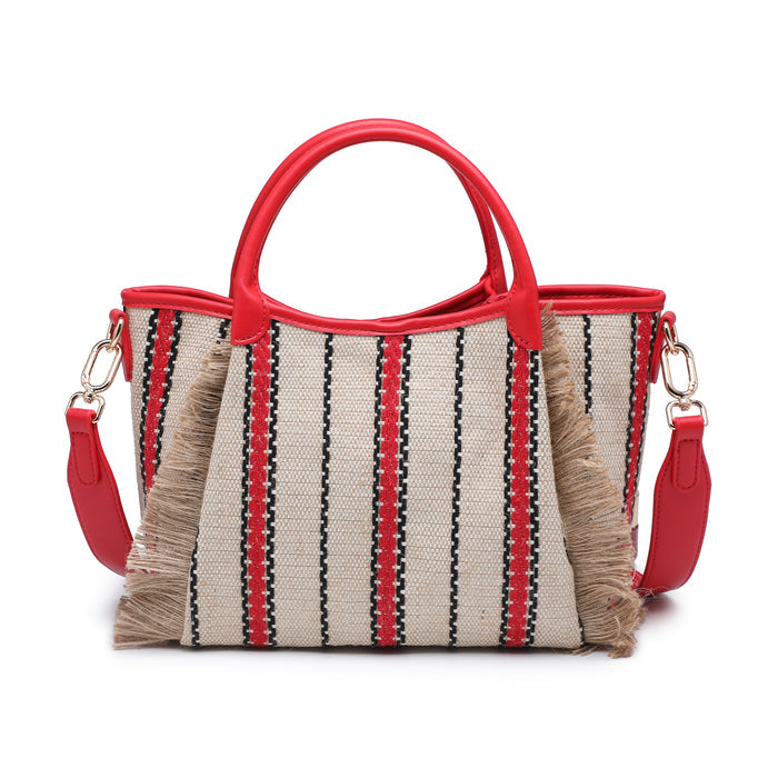 Striped woven fabric top handle tote bag with fringe detail wholesale
