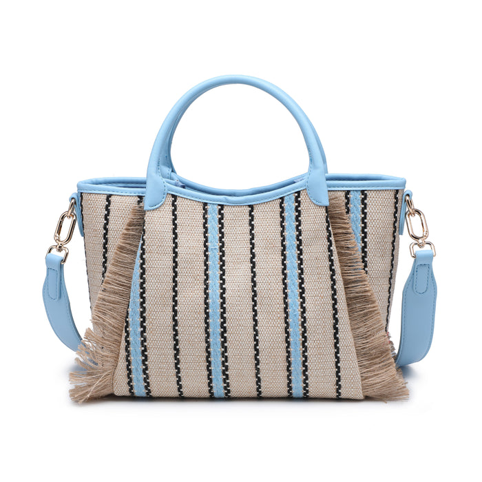 Striped woven fabric top handle tote bag with fringe detail wholesale