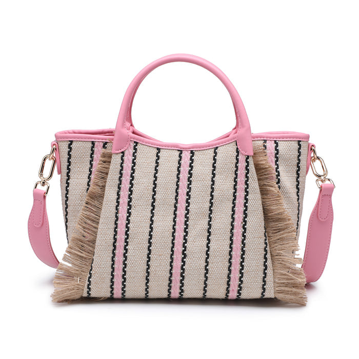 Striped woven fabric top handle tote bag with fringe detail wholesale