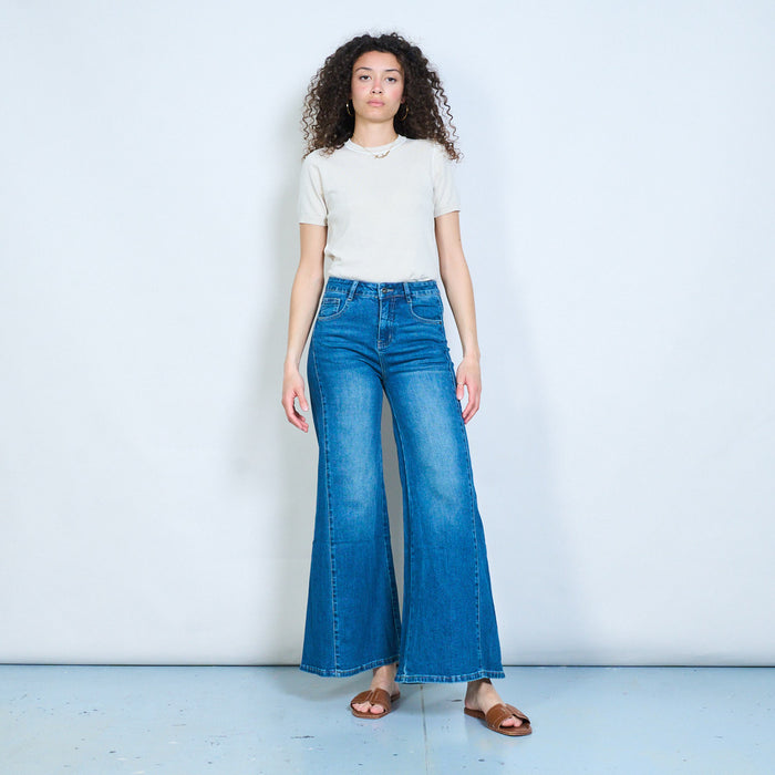 Structured wide-leg denim jeans with clean panel line detail wholesale
