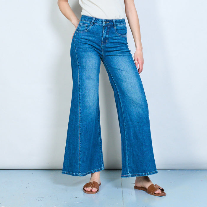 Structured wide-leg denim jeans with clean panel line detail wholesale