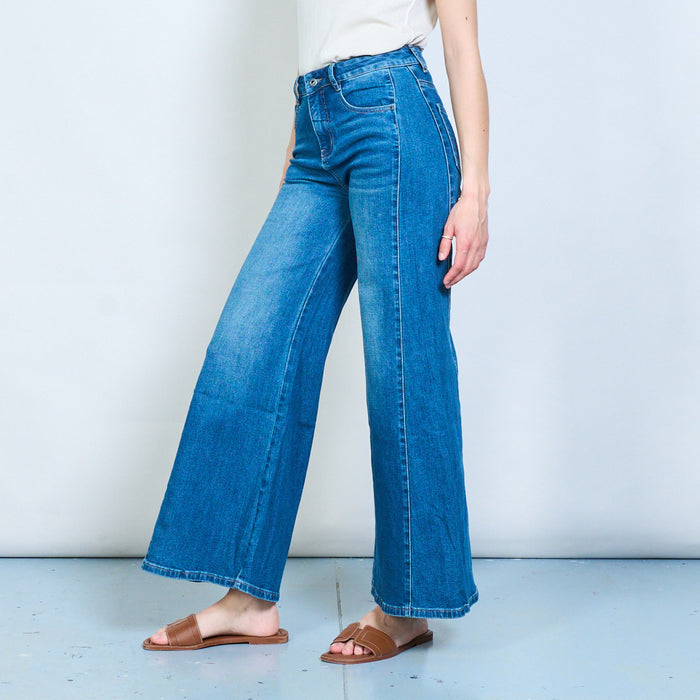 Structured wide-leg denim jeans with clean panel line detail wholesale