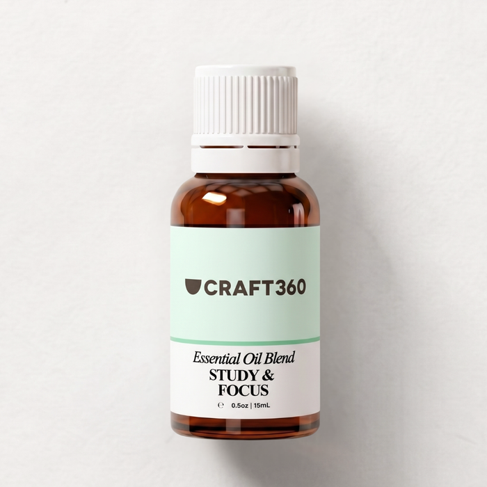 Bottle of Craft360 Study & Focus essential oil blend on a light gray background