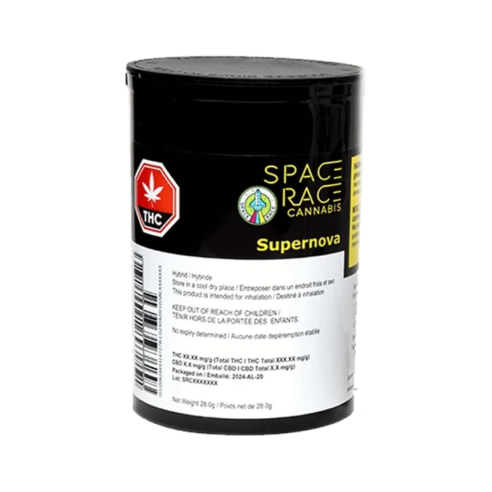 Front view of the Space Race Supernova package, featuring a green THC label and white text on a dark background.