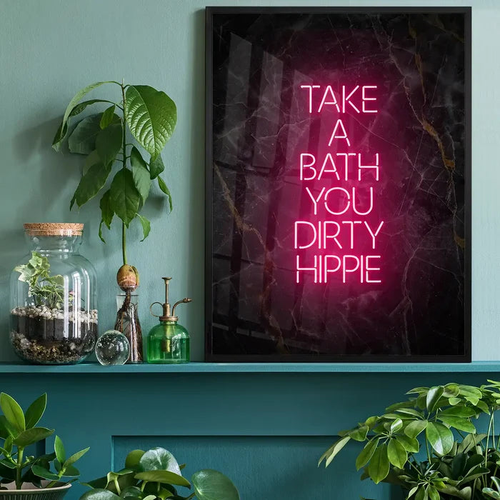 Take A Bath Hippie Black Marble Print, typography print black framed on a living room shelf