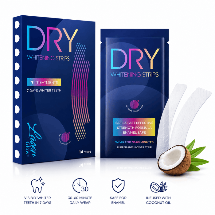 LaserGlow teeth whitening strips for sensitive teeth with coconut oil formula, box and sachet