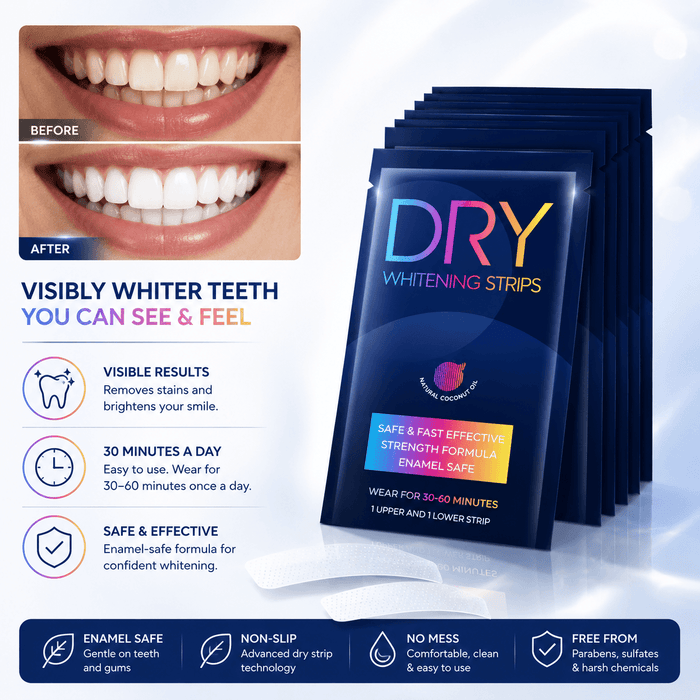 LaserGlow DRY teeth whitening strips before and after results image showing visibly whiter teeth, 30-minute daily wear, enamel-safe formula, and non-slip strips