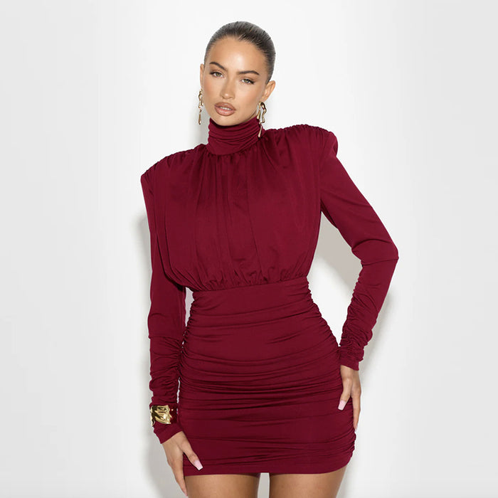 Temperament High Collar Pleated Waist Tight Sheath Dress 🇨🇳