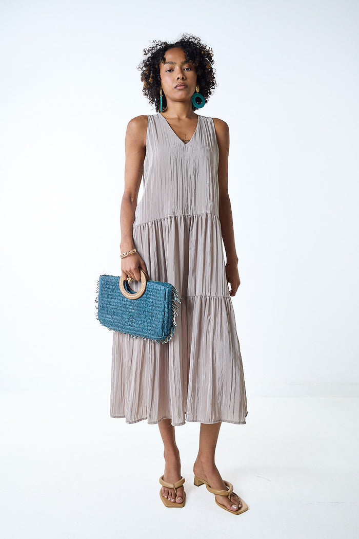 Textured asymmetric tiered sleeveless midi dress wholesale