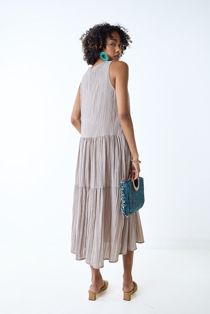 Textured asymmetric tiered sleeveless midi dress wholesale