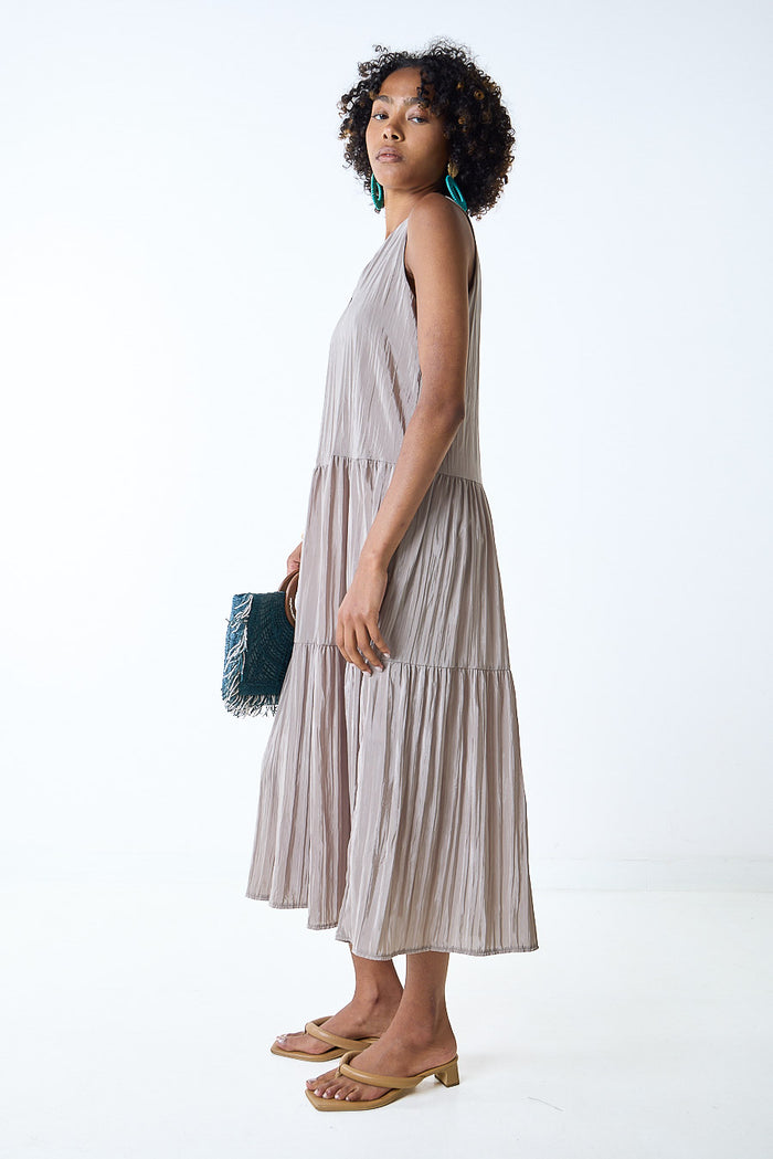 Textured asymmetric tiered sleeveless midi dress wholesale