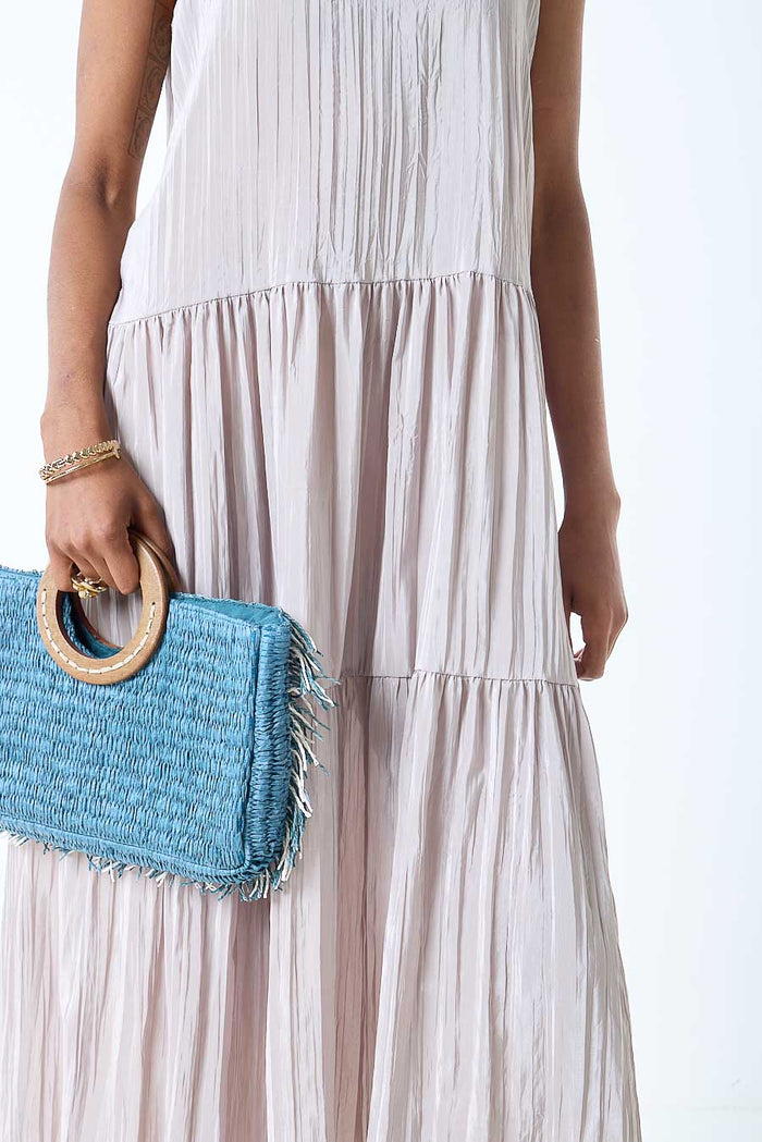 Textured asymmetric tiered sleeveless midi dress wholesale