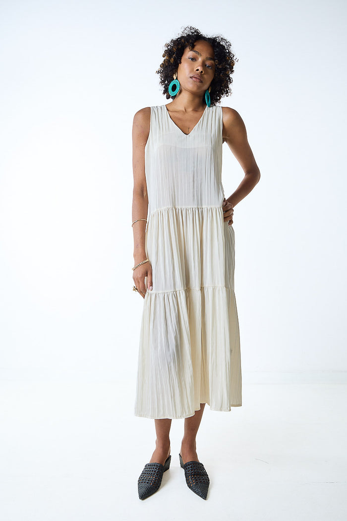 Textured asymmetric tiered sleeveless midi dress wholesale