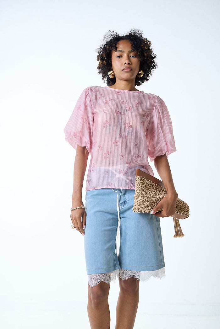 Textured floral stripe semi sheer puff sleeve blouse wholesale