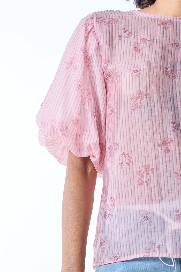 Textured floral stripe semi sheer puff sleeve blouse wholesale