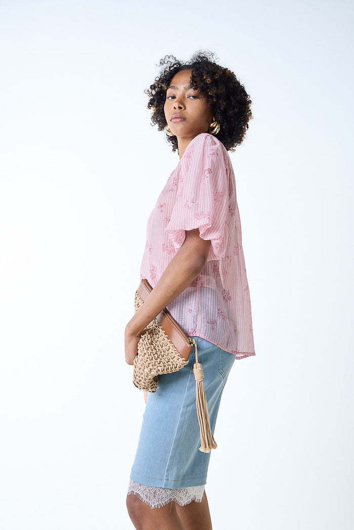 Textured floral stripe semi sheer puff sleeve blouse wholesale
