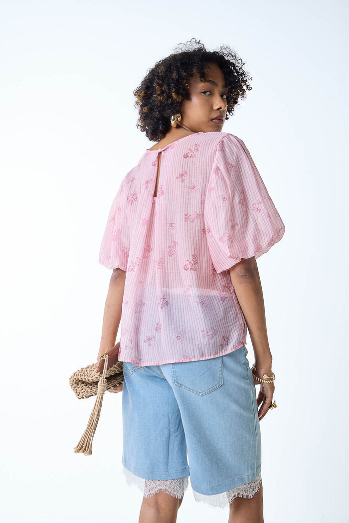 Textured floral stripe semi sheer puff sleeve blouse wholesale