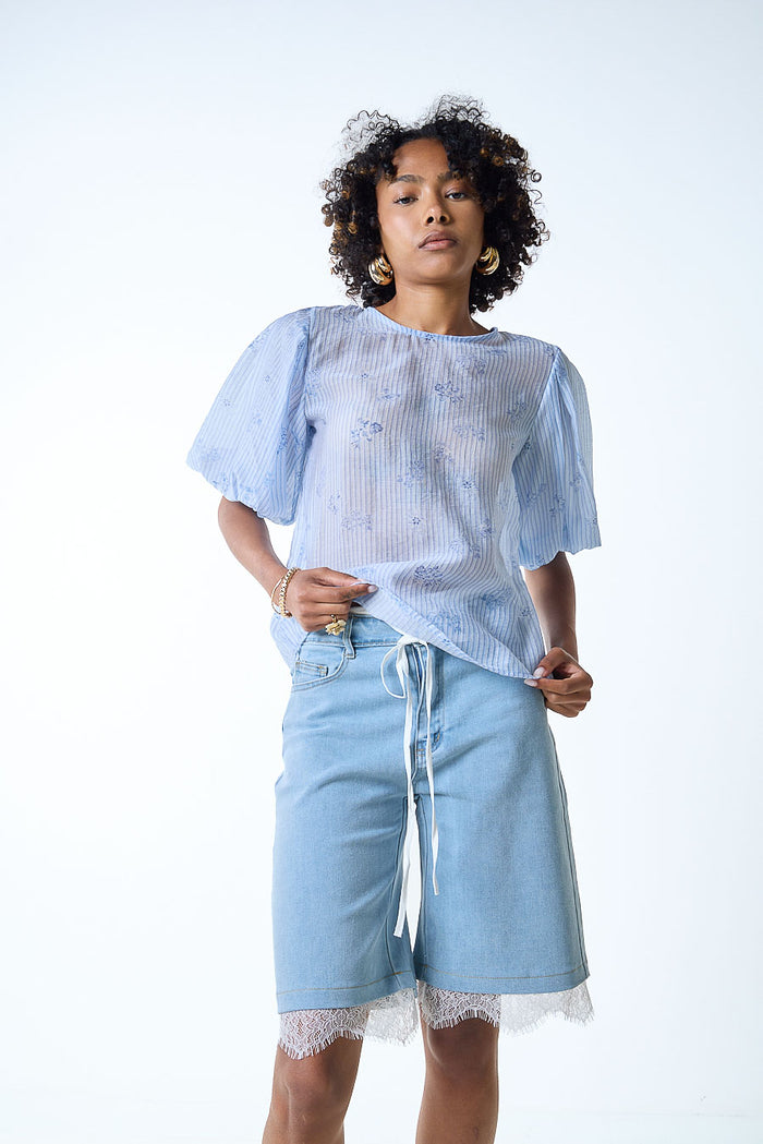 Textured floral stripe semi sheer puff sleeve blouse wholesale