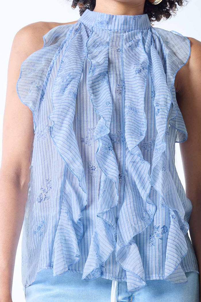 Textured ruffle front sleeveless high neck blouse wholesale