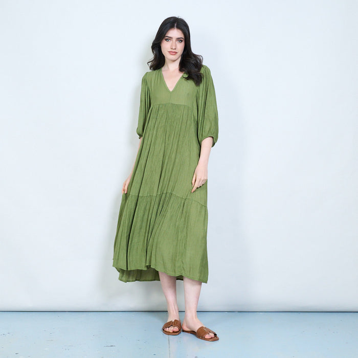 Textured V-neck tiered midi dress wholesale
