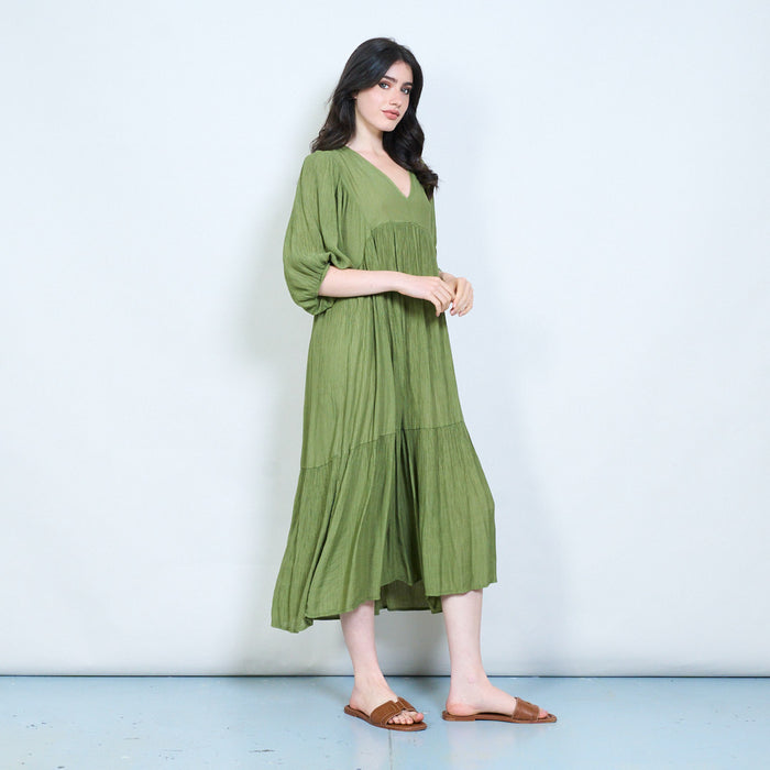 Textured V-neck tiered midi dress wholesale